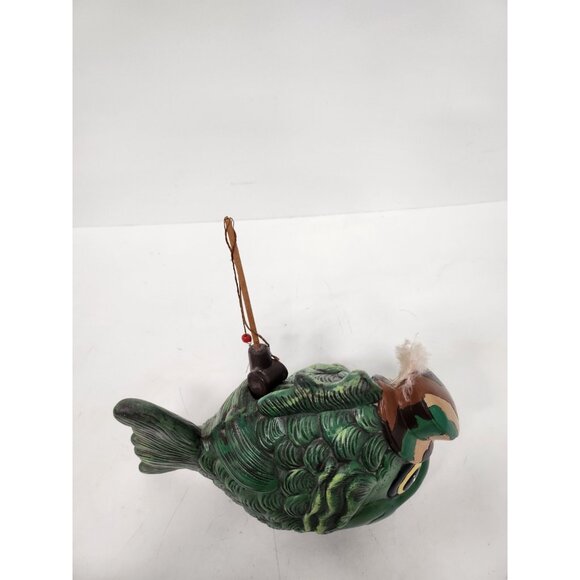 Vintage Large Ceramic Green Fish Statue Camo Hat Fishing Pole Kitschy Whimsical - Picture 3 of 9